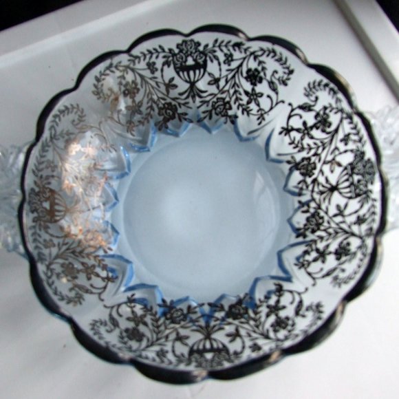 Antique CANDY Glass DISH SILVER OVERLAY SKY Blue - Picture 1 of 5